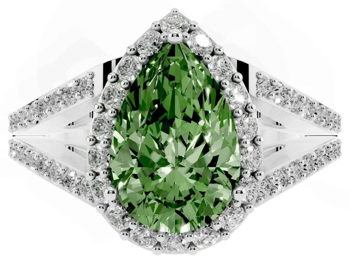 Fancy Green Pear Cut Halo Split Shank Pave Diamond Ring with Four-Prong Setting Platinum