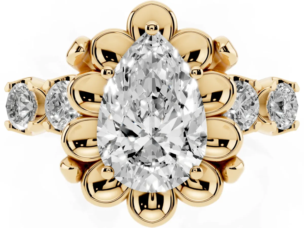 Pear Cut Cut Diamond Floral Halo Engagement Ring with Shared Prong Setting Yellow gold