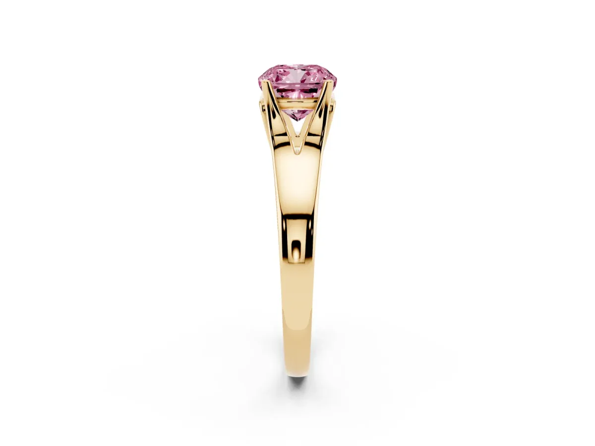 Fancy Pink Cushion Cut Solitaire Diamond Ring with Cathedral Band and Four-Prong Setting Yellow gold