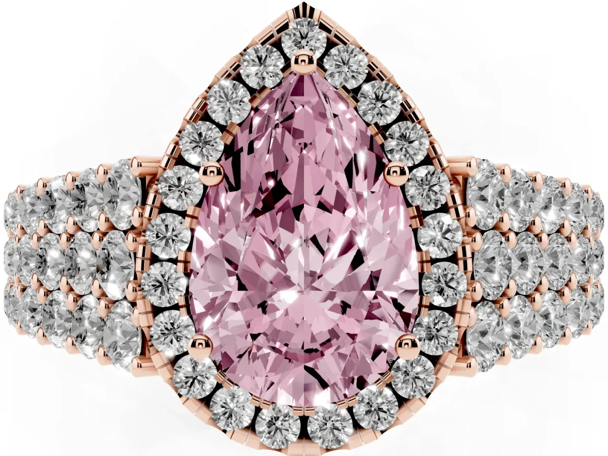 Fancy Pink Pear Cut Diamond Halo Engagement Ring with Triple Row Round Pavé Band and Prong Setting Rose gold