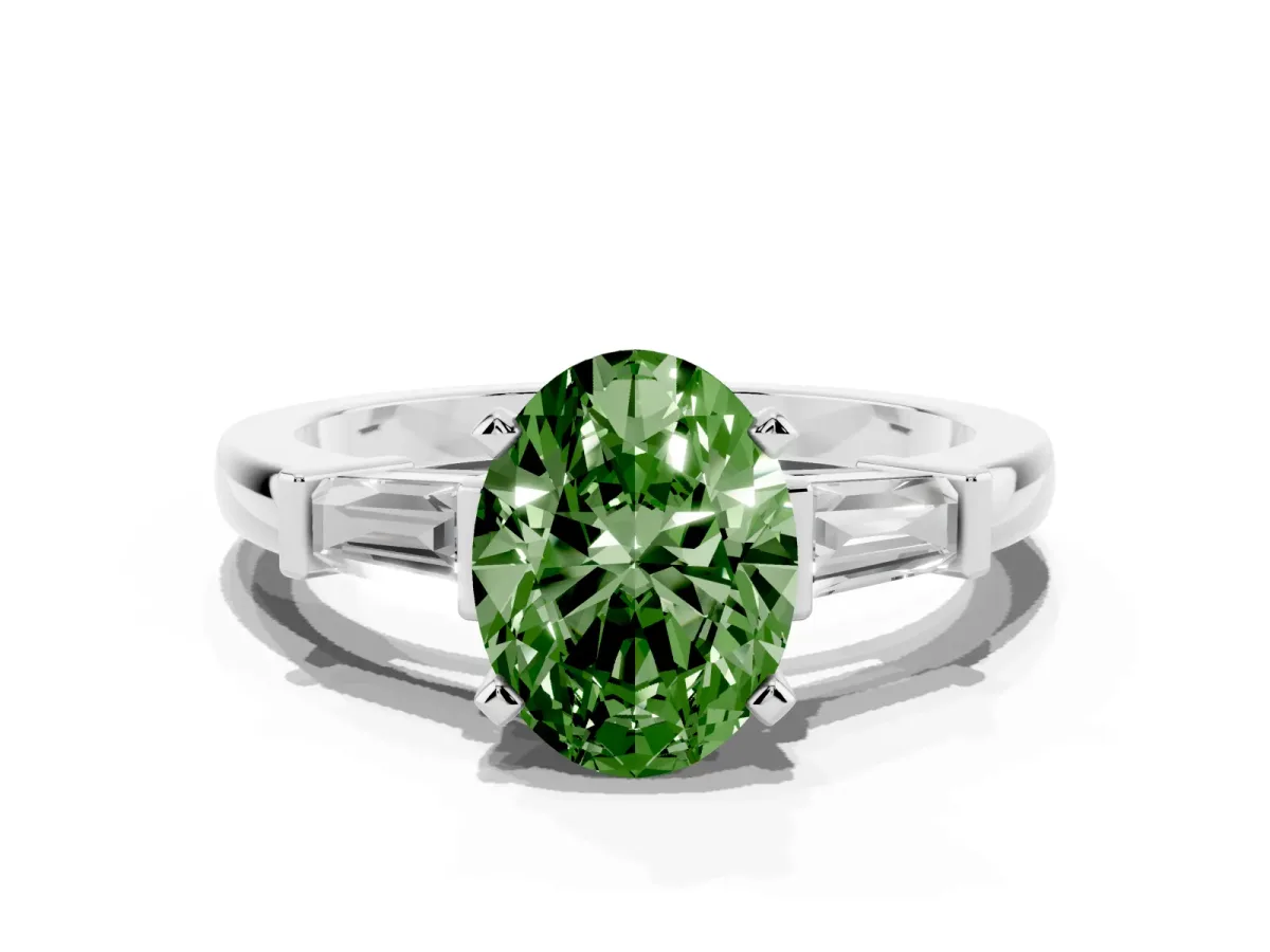 Fancy Green Oval Cut Cut Diamond Solitaire Ring with Tapered Baguette Accents and Four-Prong Setting Platinum