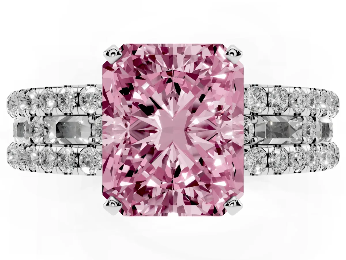Fancy Pink Radiant Cut Diamond Solitaire Ring with Pavé and Channel Set Band Platinum