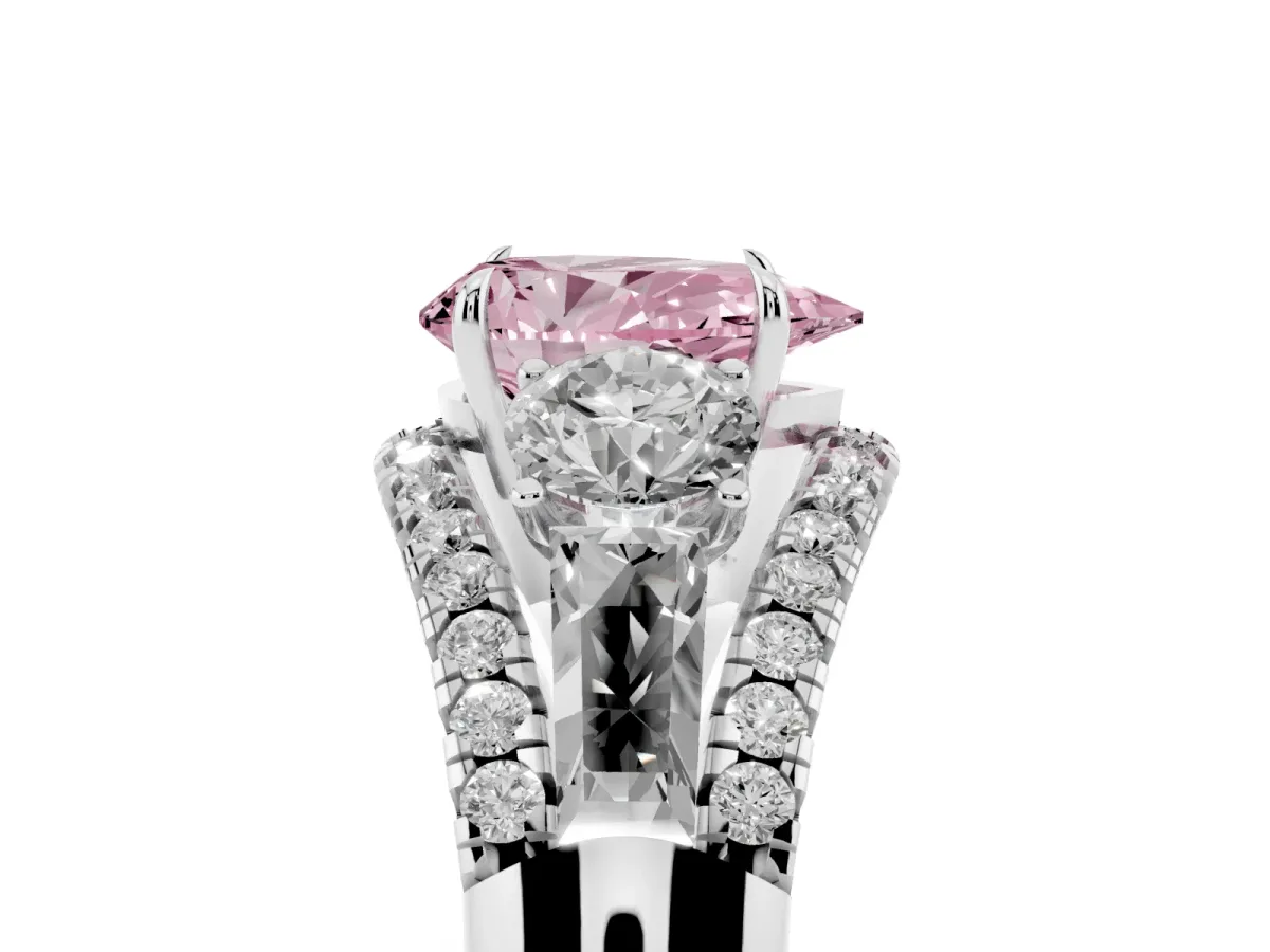 Fancy Pink Three-Stone Pear Cut Diamond Engagement Ring with Pave Band and Prong Setting Silver