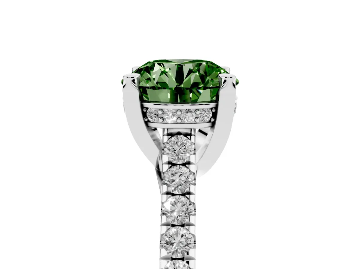 Fancy Green Round Cut Brilliant Diamond Solitaire with Pavé Band and Four-Prong Setting White gold