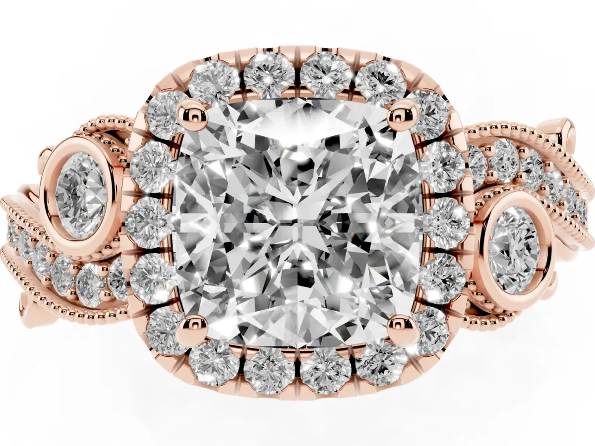 Cushion Cut Halo Diamond Ring with Milgrain and Bezel Accents on a Split Shank Band Rose gold