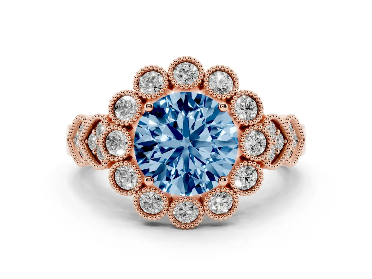 Fancy Blue Round Cut Brilliant Milgrain Pave Heart Band Solitaire Ring Rose gold
