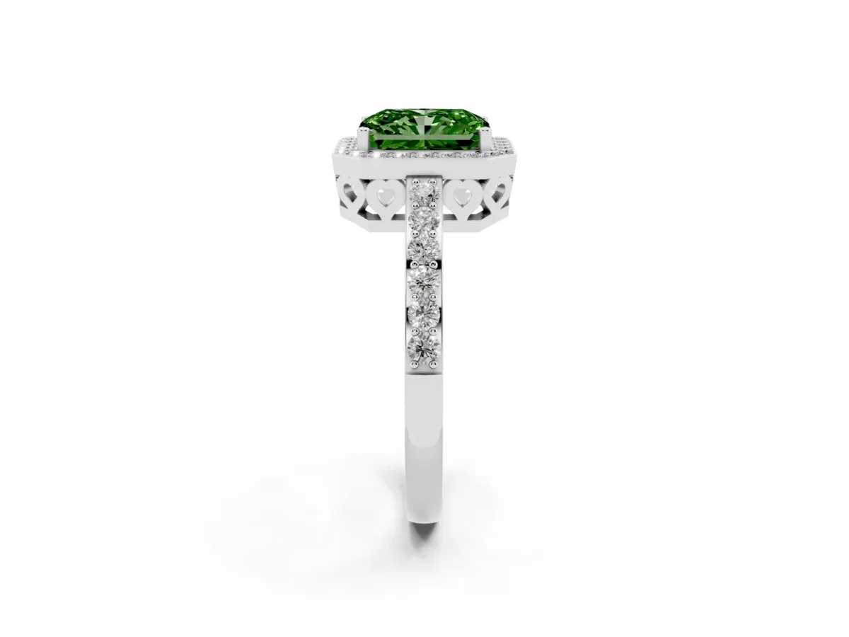Fancy Green Radiant Cut Halo Diamond Pavé Band Ring with Prong Setting Silver