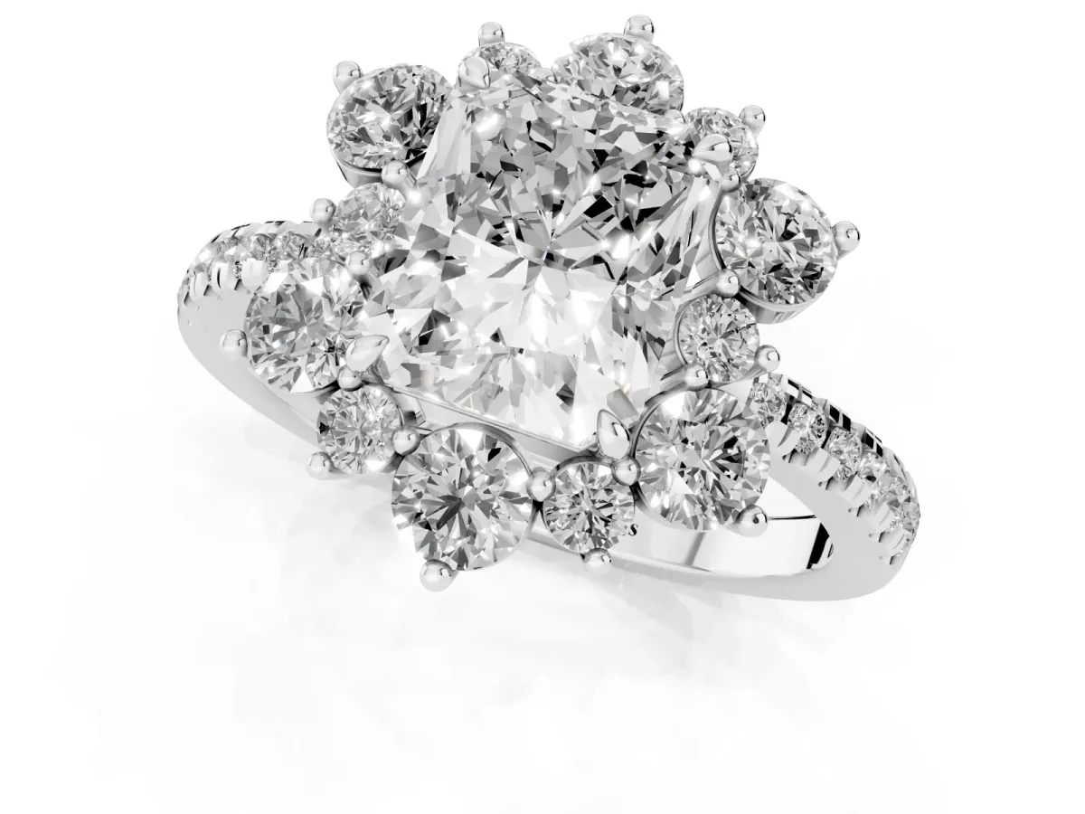 Radiant Cut Diamond Floral Halo Ring with Round Pavé Band and Prong Setting White gold