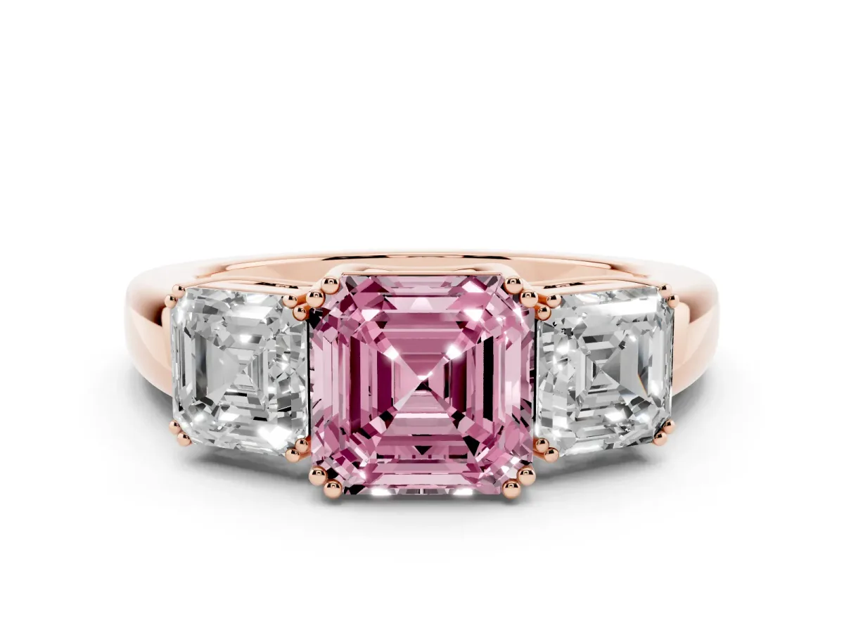 Fancy Pink Three-Stone Asscher Cut Cut Diamond Ring with Channel Set Band and Four-Prong Setting Rose gold