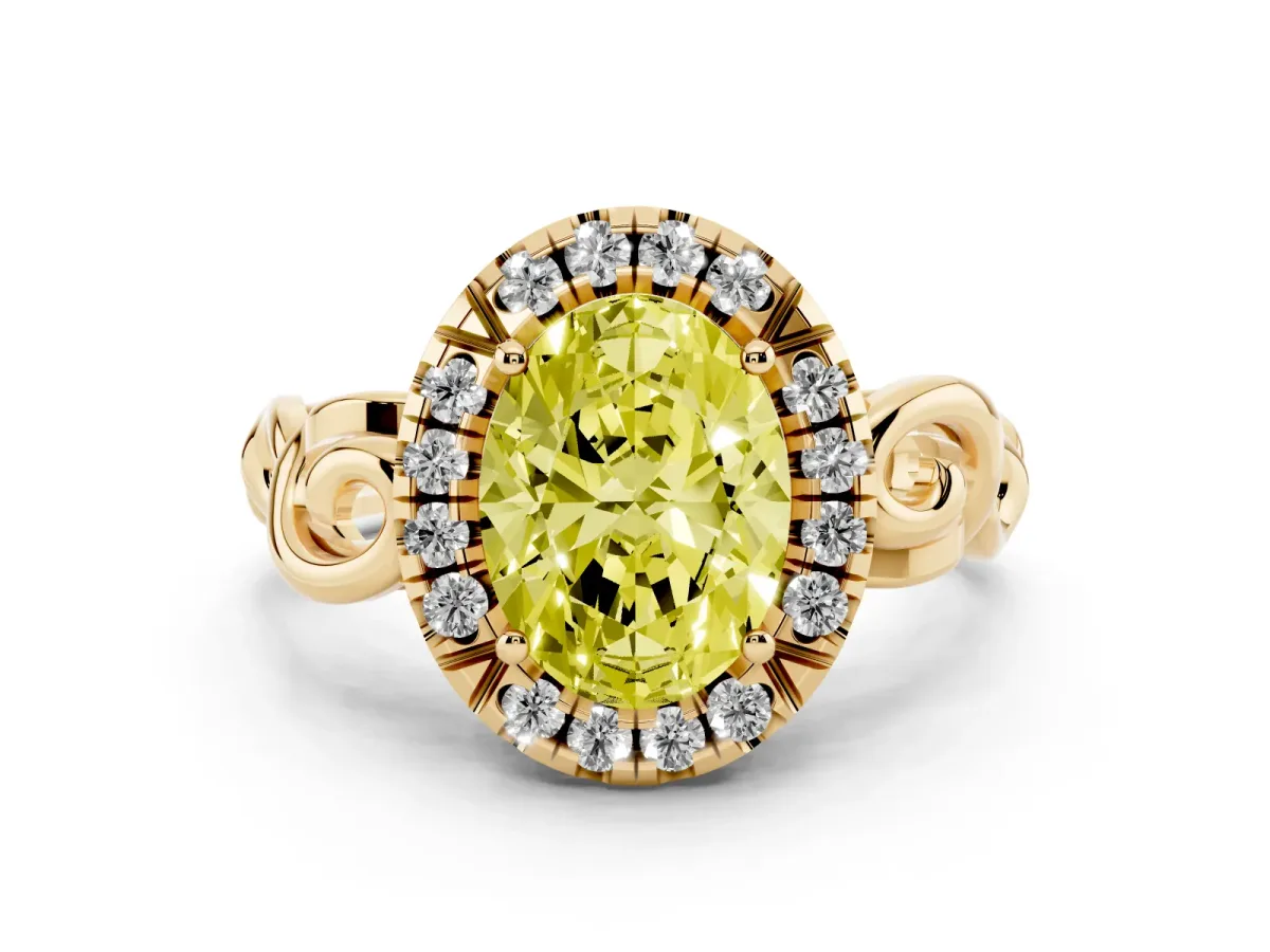 Fancy Yellow Oval Cut Cut Halo Diamond Ring with Scrollwork Band and Four-Prong Setting Yellow gold