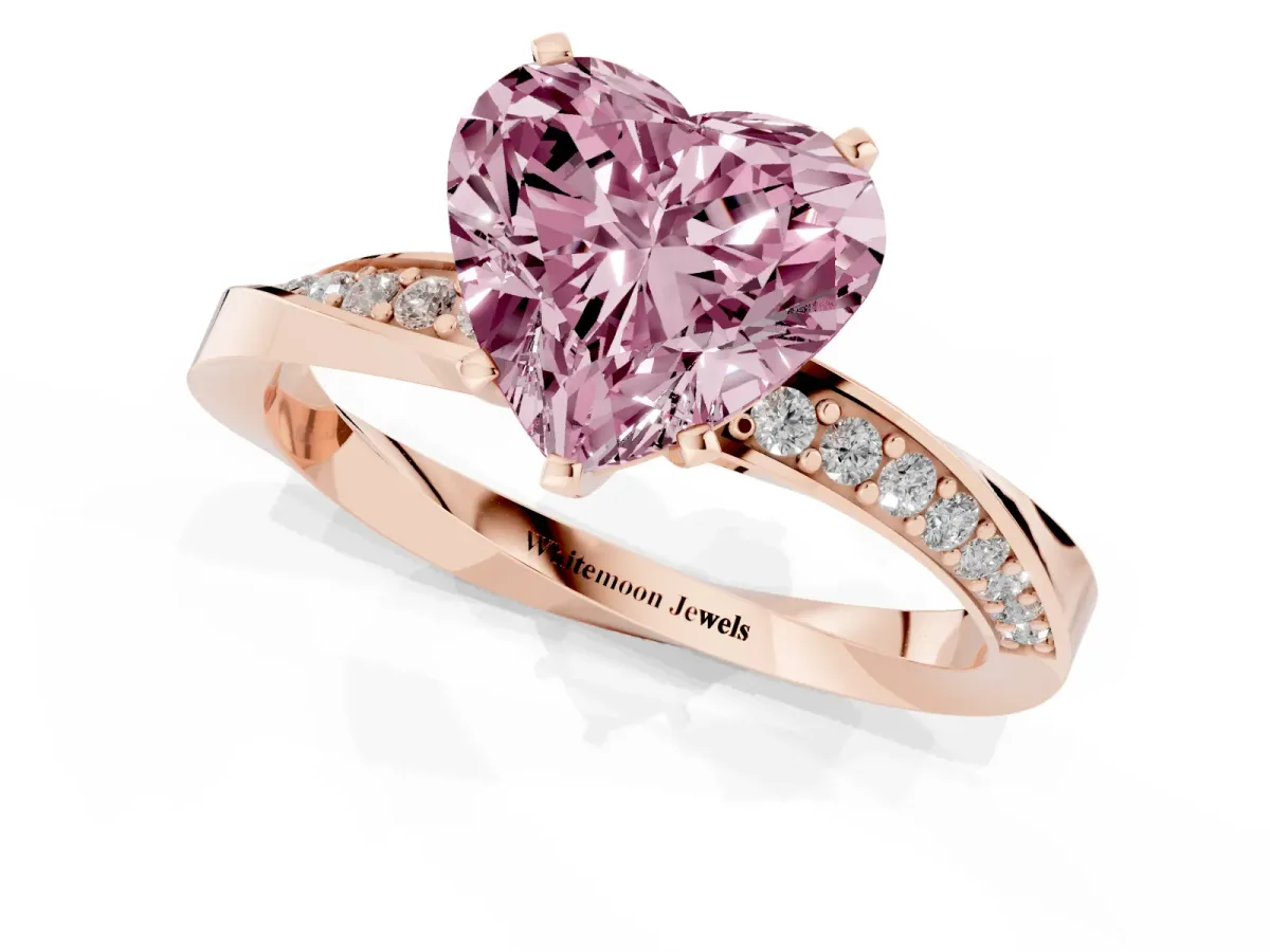 Fancy Pink Heart Cut Diamond Engagement Ring with Side Stone Accents and Four-Prong Setting Rose gold