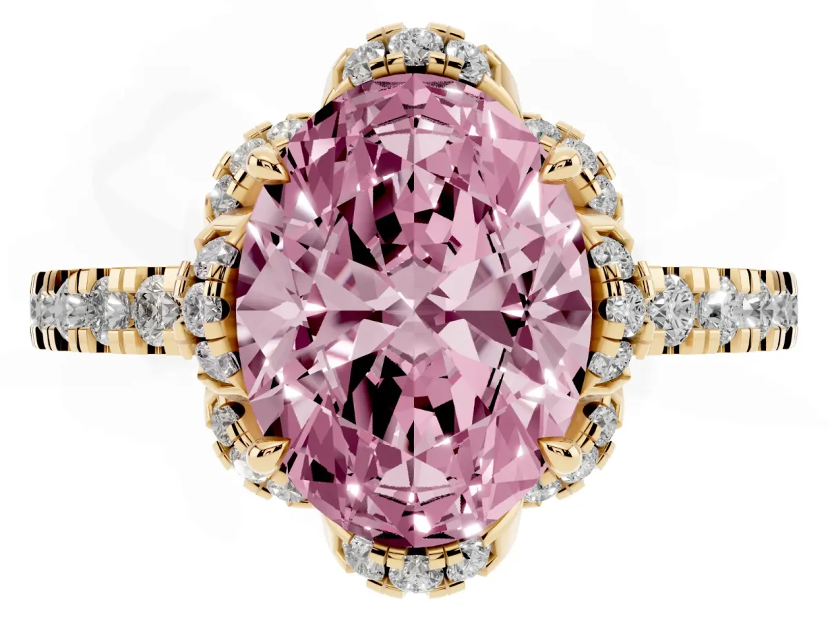 Fancy Pink Oval Cut Diamond Halo Pave Band with Four-Prong Setting Yellow gold