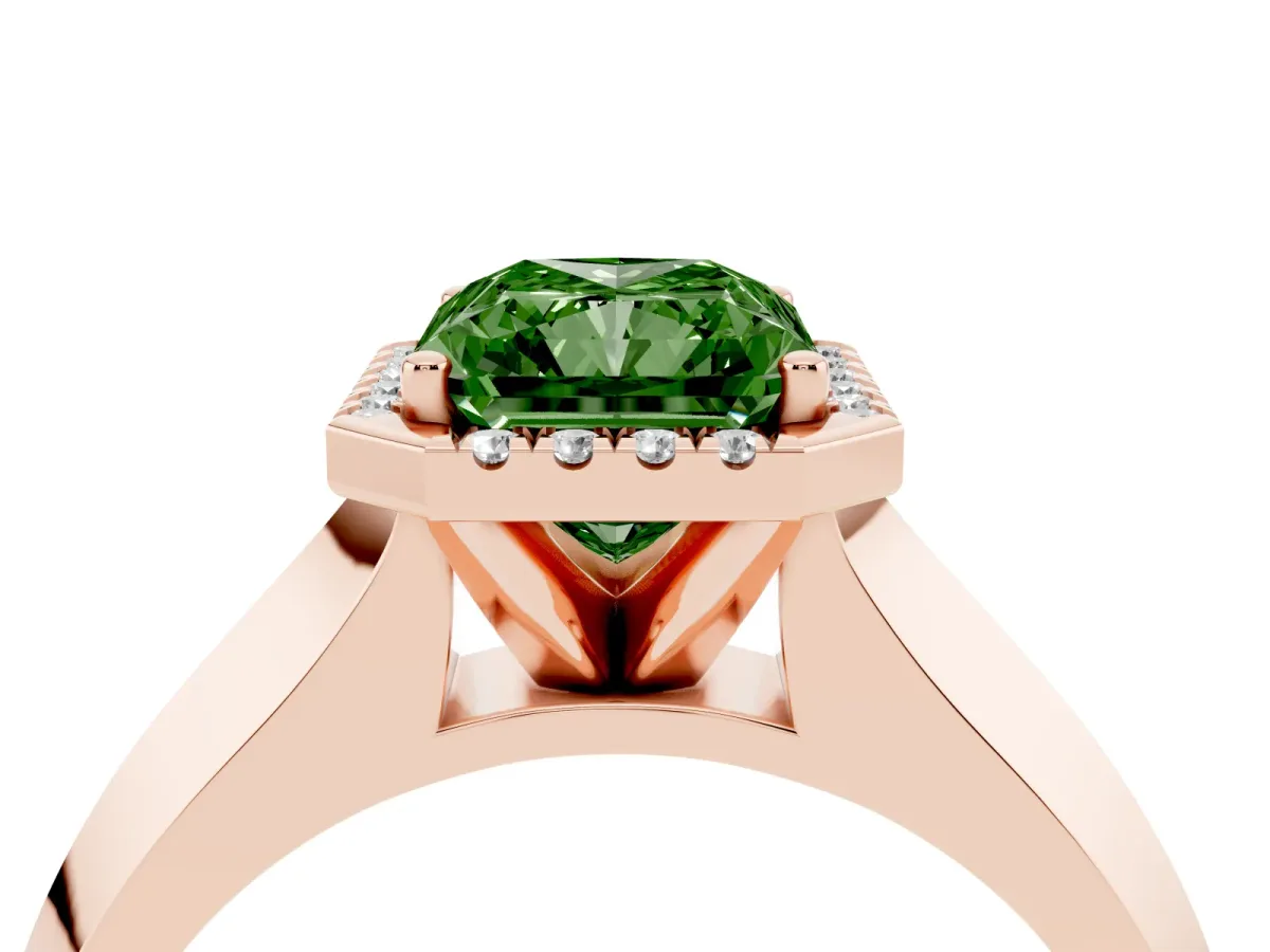 Fancy Green Radiant Cut Halo Diamond Ring with Cathedral Band and Four-Prong Setting Rose gold