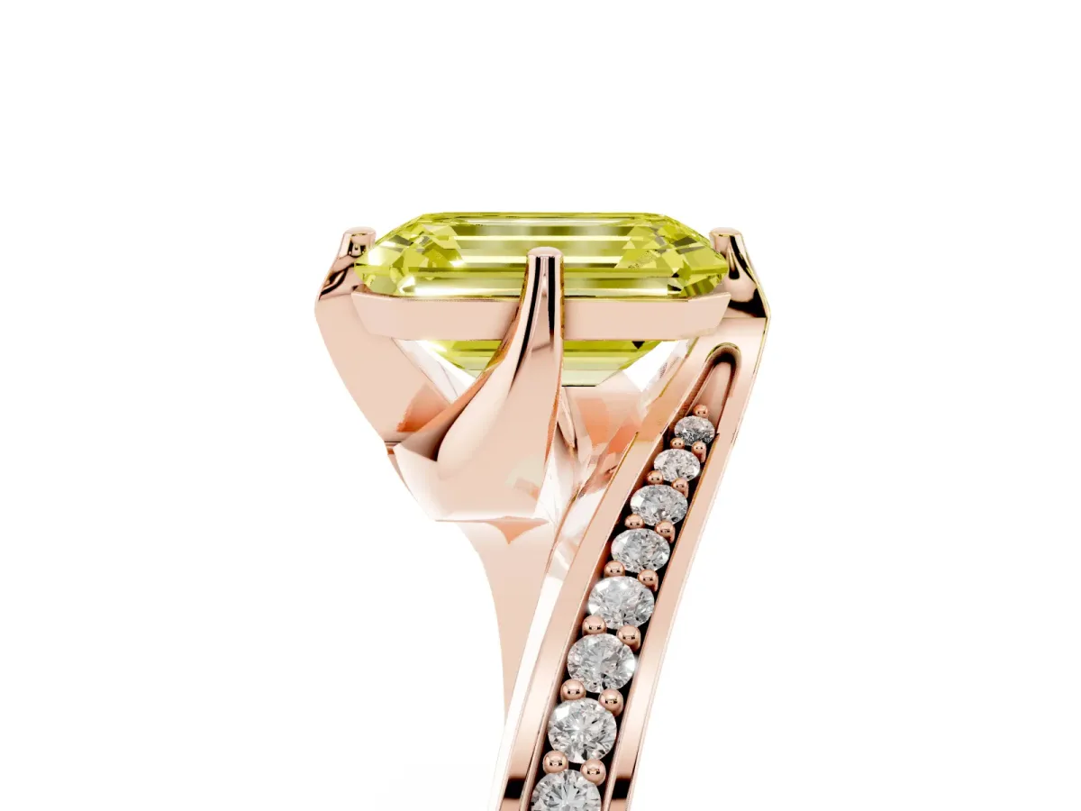 Fancy Yellow Emerald Cut Solitaire Diamond Twist Band with Pavé Setting and Four-Prong Setting Rose gold
