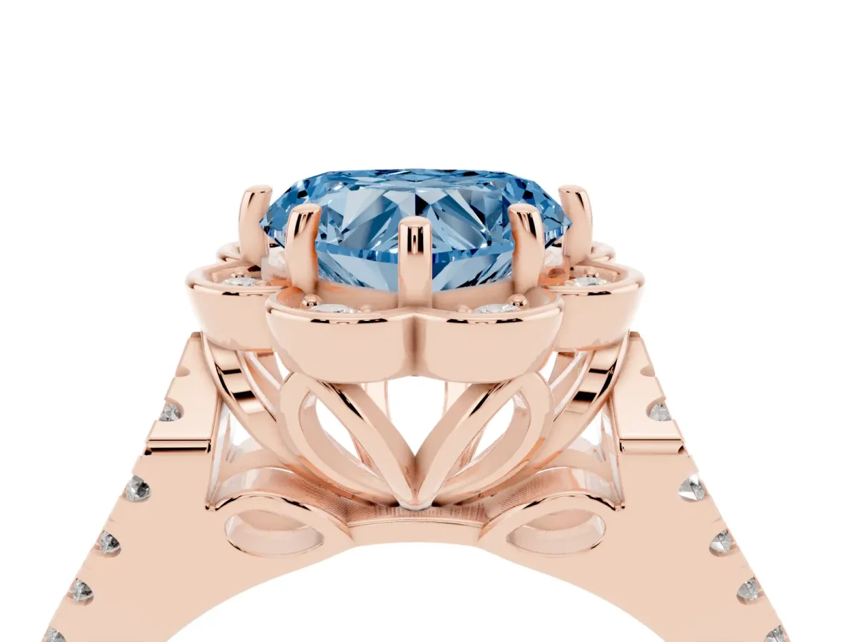 Fancy Blue Heart Cut Halo Diamond Floral Split Shank Engagement Ring Rose gold