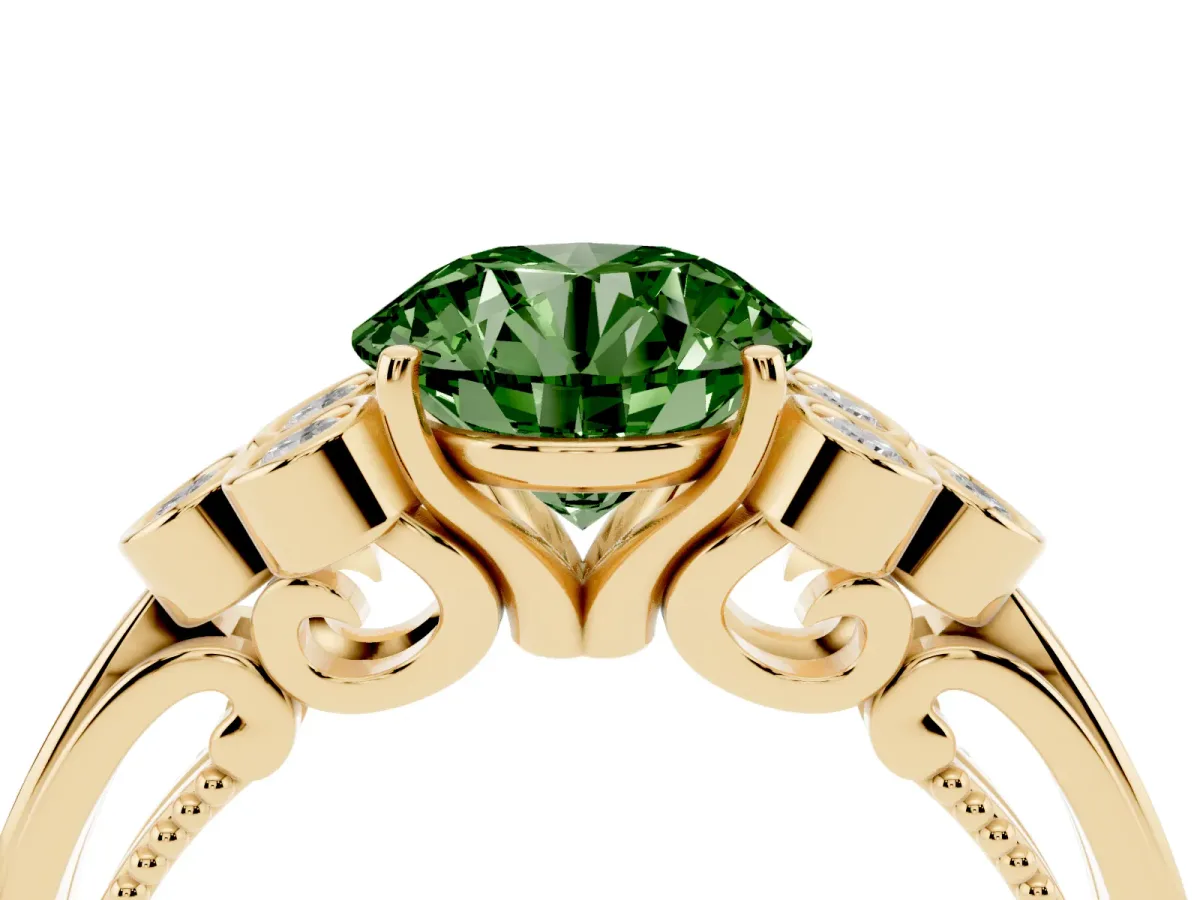 Fancy Green Round Cut Cut Diamond Engagement Ring with Bezel Set Round Side Stones and Prong Setting Yellow gold