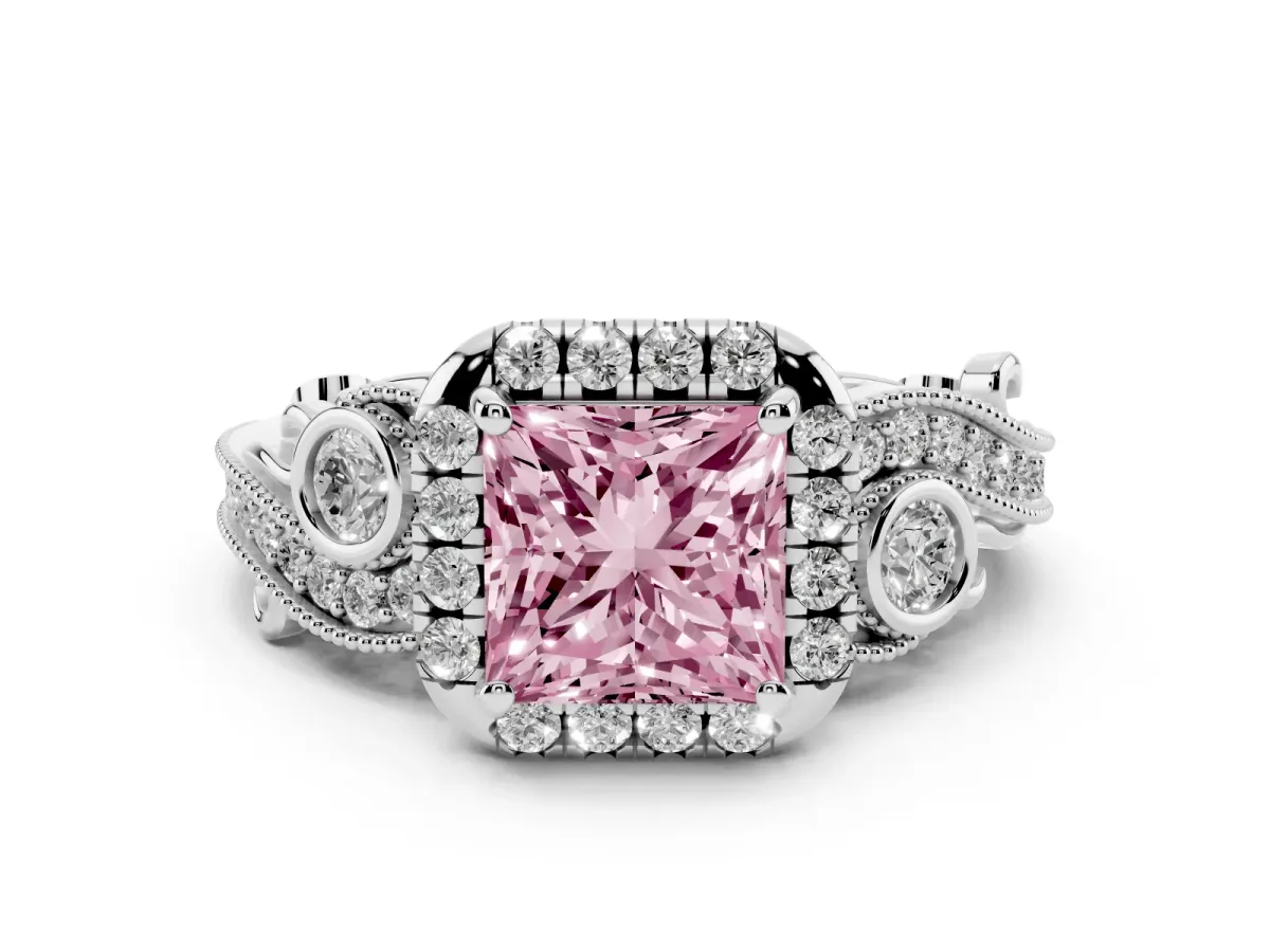Fancy Pink Princess Cut Diamond Halo Ring with Milgrain Pavé Band and Four-Prong Setting Silver