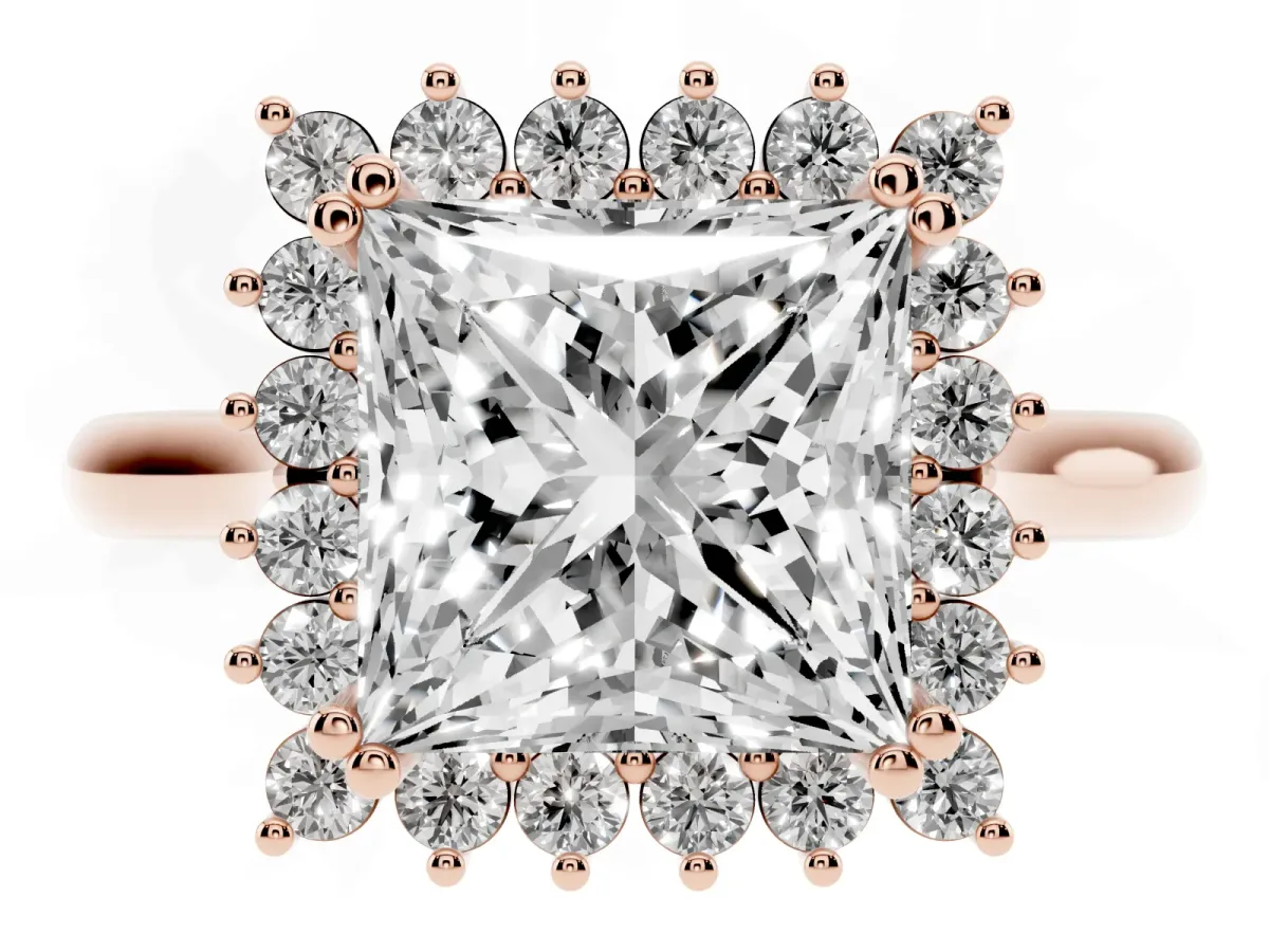 Princess Cut Cut Diamond Halo Ring with Solitaire Band and Prong Setting Rose gold