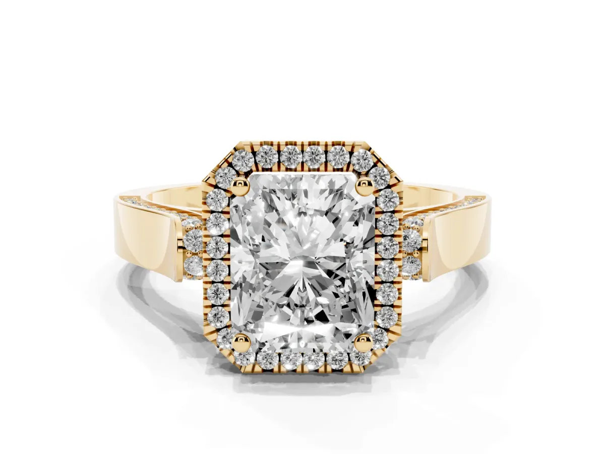 Radiant Cut Halo Round Diamond Twist Band with Four-Prong Setting Yellow gold