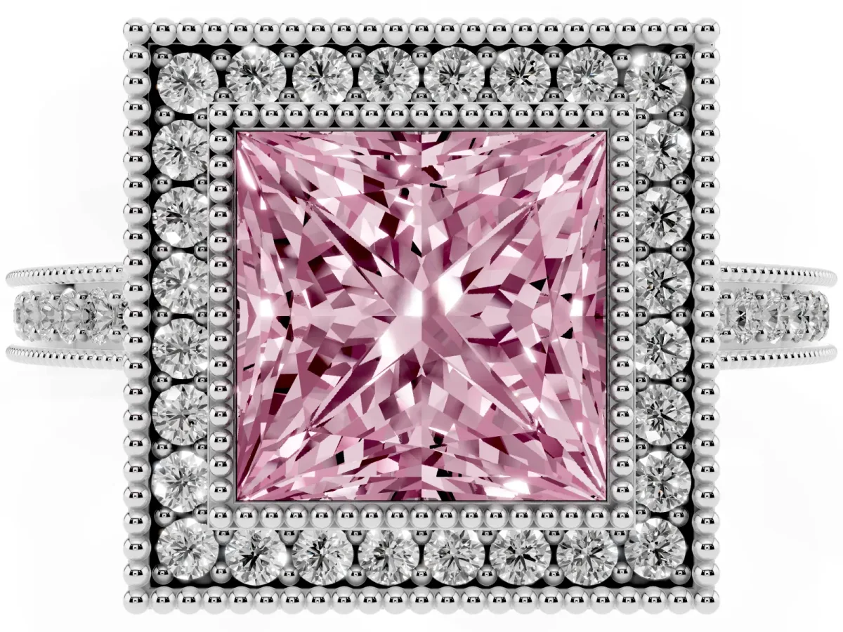 Fancy Pink Princess Cut Cut Halo Diamond Ring with Pavé Band and Milgrain Prong Setting Platinum