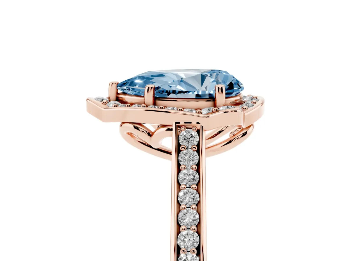 Fancy Blue Pear Cut Halo Round Diamond Pave Band with Four-Prong Setting Rose gold