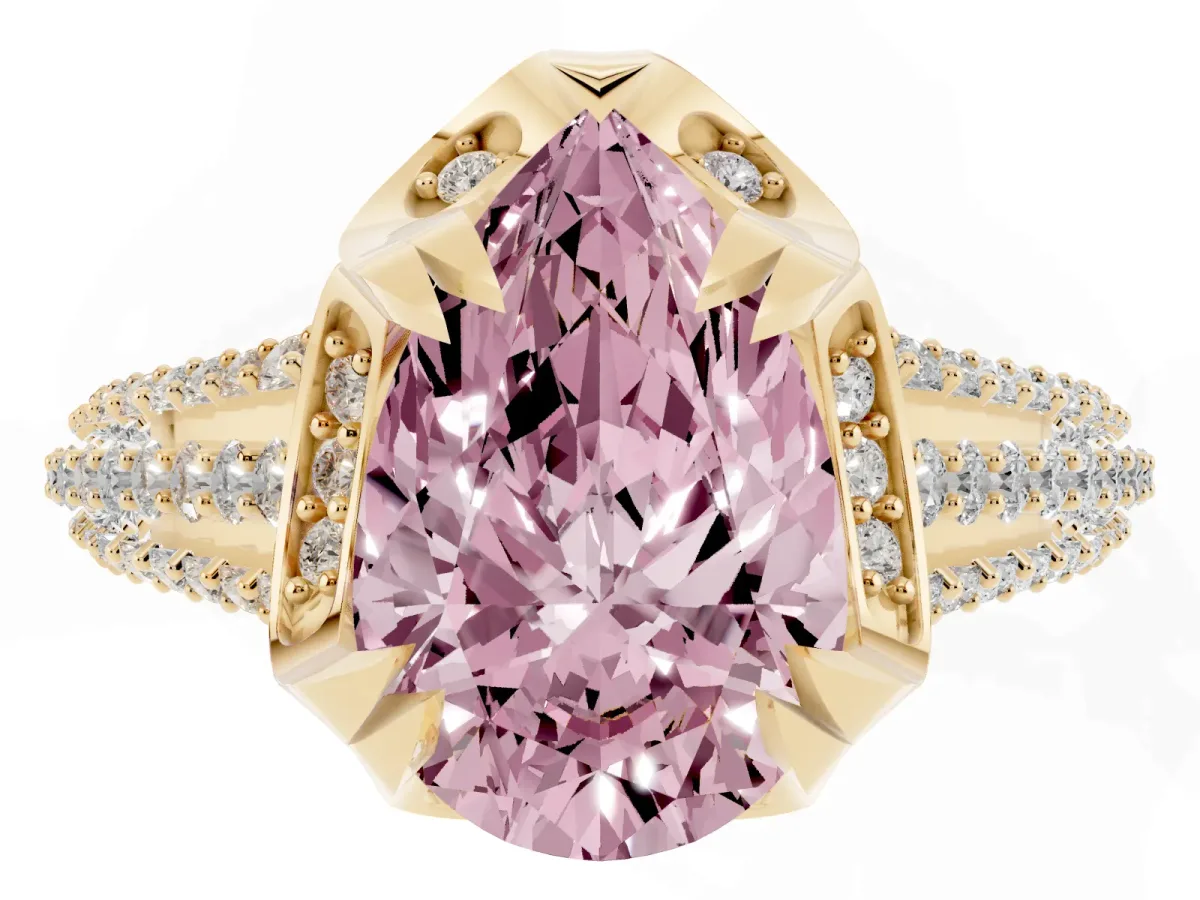 Fancy Pink Pear Cut Solitaire Pave Split Shank Ring with Four-Prong Setting Yellow gold