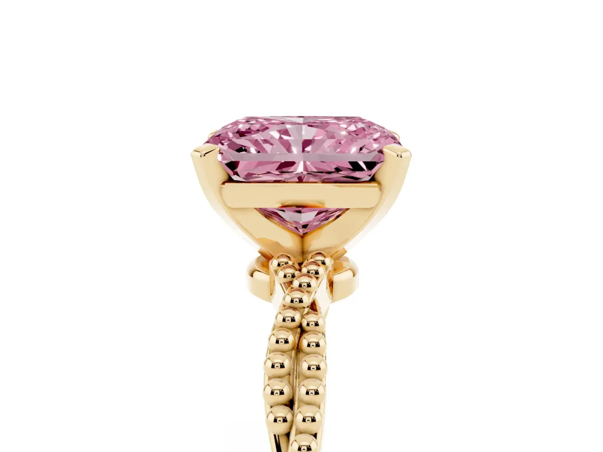 Fancy Pink Radiant Cut Solitaire Twisted Band with Bead Prong Setting Yellow gold