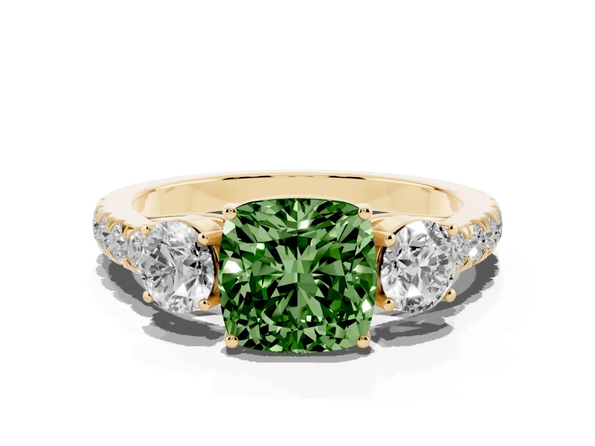Fancy Green Cushion Cut Cut Diamond Three-Stone Ring with Round Side Stones and Pavé Band Yellow gold