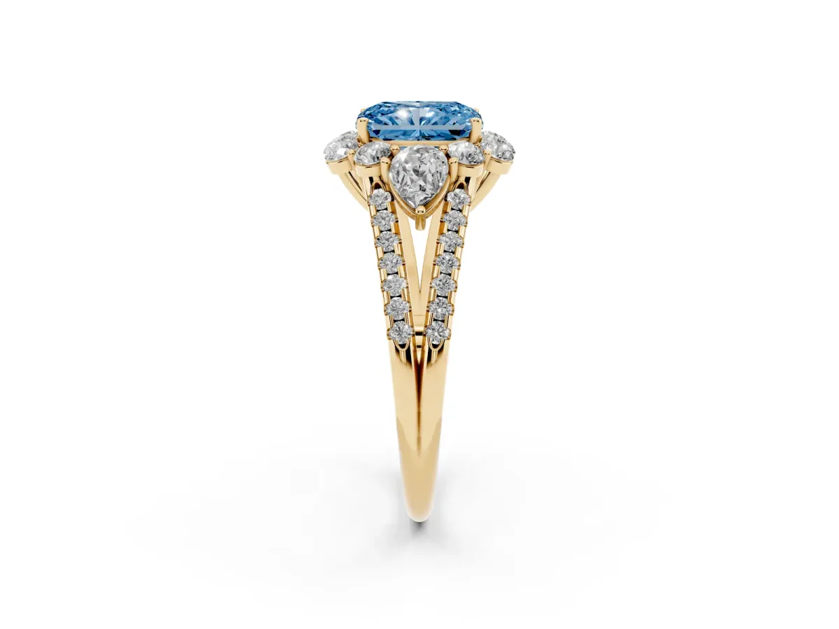 Fancy Blue Radiant Cut Halo Split Shank Diamond Engagement Ring with Prong Setting Yellow gold