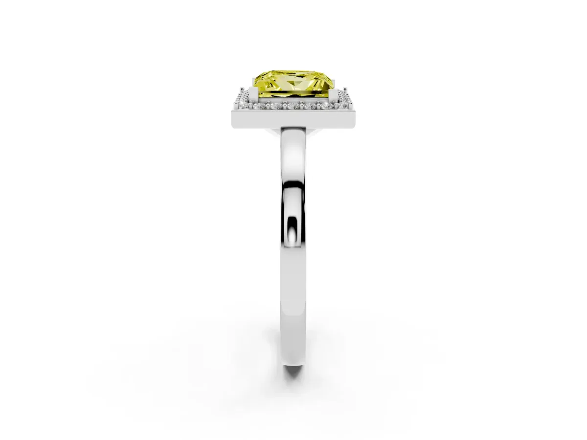 Fancy Yellow Princess Cut Halo Diamond Ring with Solitaire Band and Prong Setting Silver