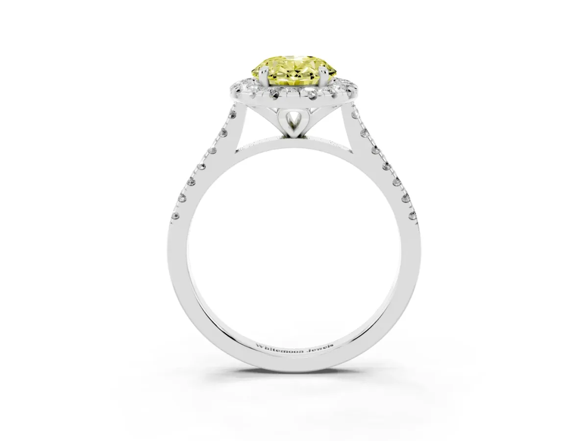 Fancy Yellow Oval Cut Diamond Cushion Halo Ring with Pavé Band Silver