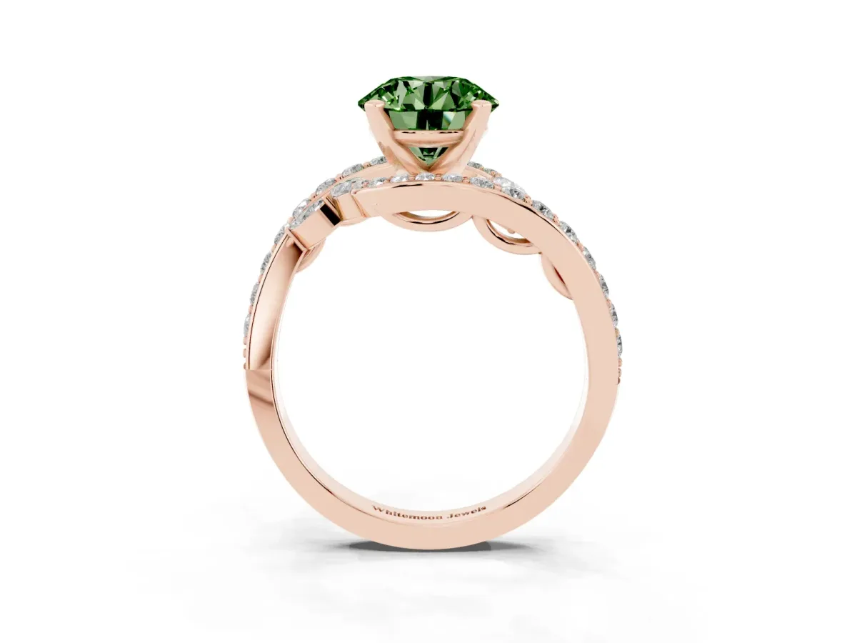 Fancy Green Round Cut Solitaire with Pavé Twist Band and Four-Prong Setting Rose gold