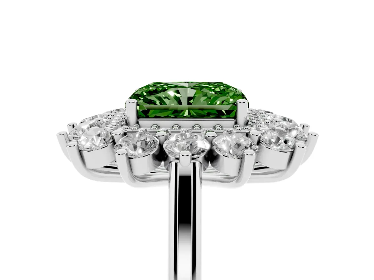 Fancy Green Radiant Cut Diamond Floral Double Halo Engagement Ring with Prong Setting Platinum