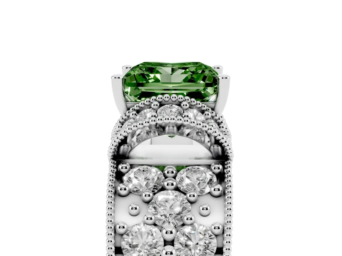 Fancy Green Princess Cut Halo Pave Diamond Engagement Ring with Milgrain Detailing White gold