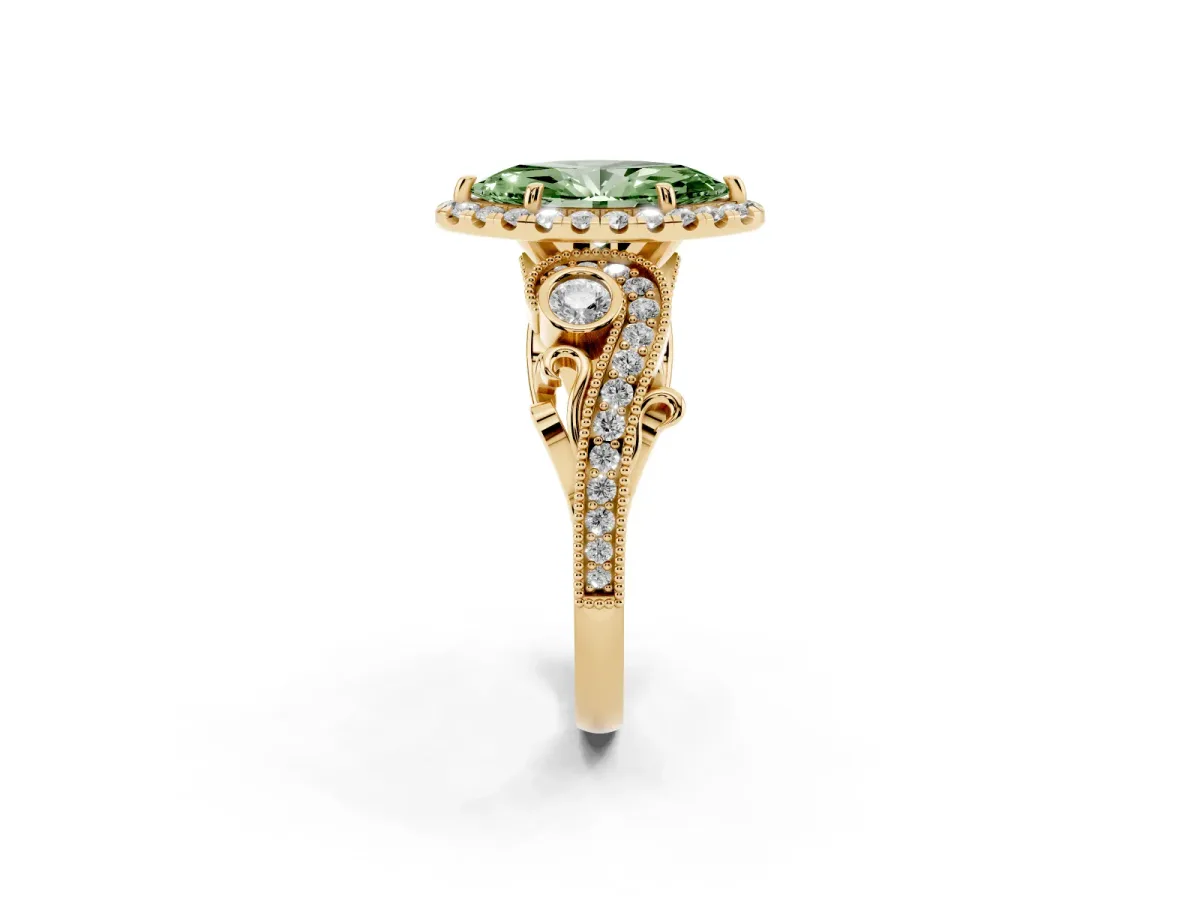 Fancy Green Marquise Cut Halo Diamond Ring with Milgrain and Bezel Accents on a Split Shank Band Yellow gold