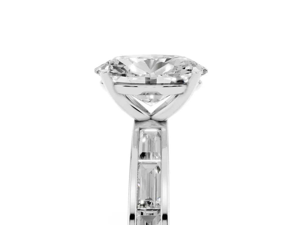 Oval Cut Solitaire Diamond Ring with Channel-Set Baguette Band and Four-Prong Setting White gold