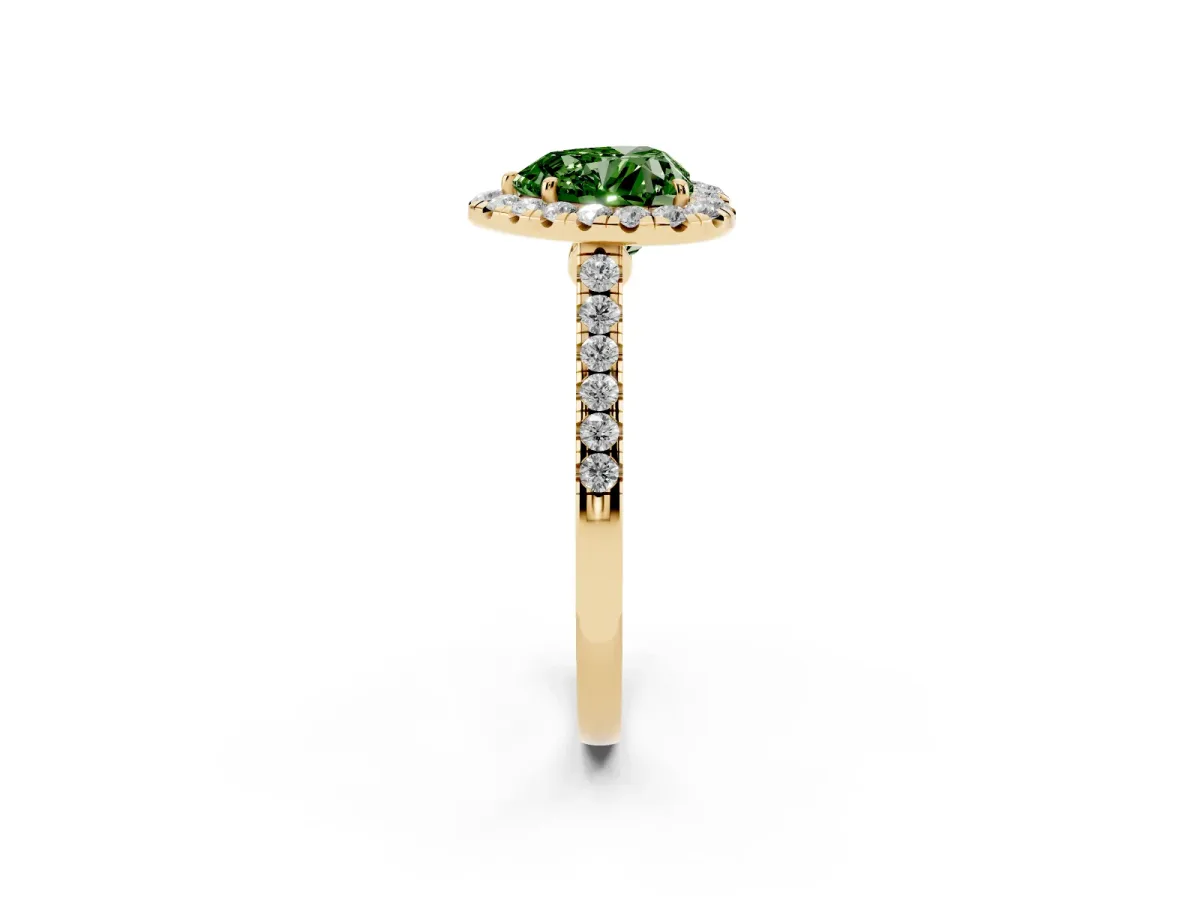 Fancy Green Heart Cut Halo Pave Diamond Engagement Ring with Four-Prong Setting Yellow gold