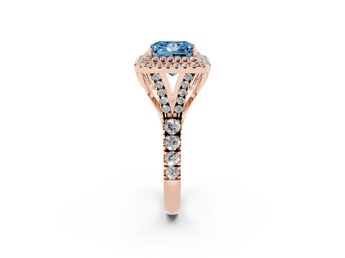Fancy Blue Princess Cut Cut Double Halo Split Shank Diamond Ring with Prong Setting Rose gold