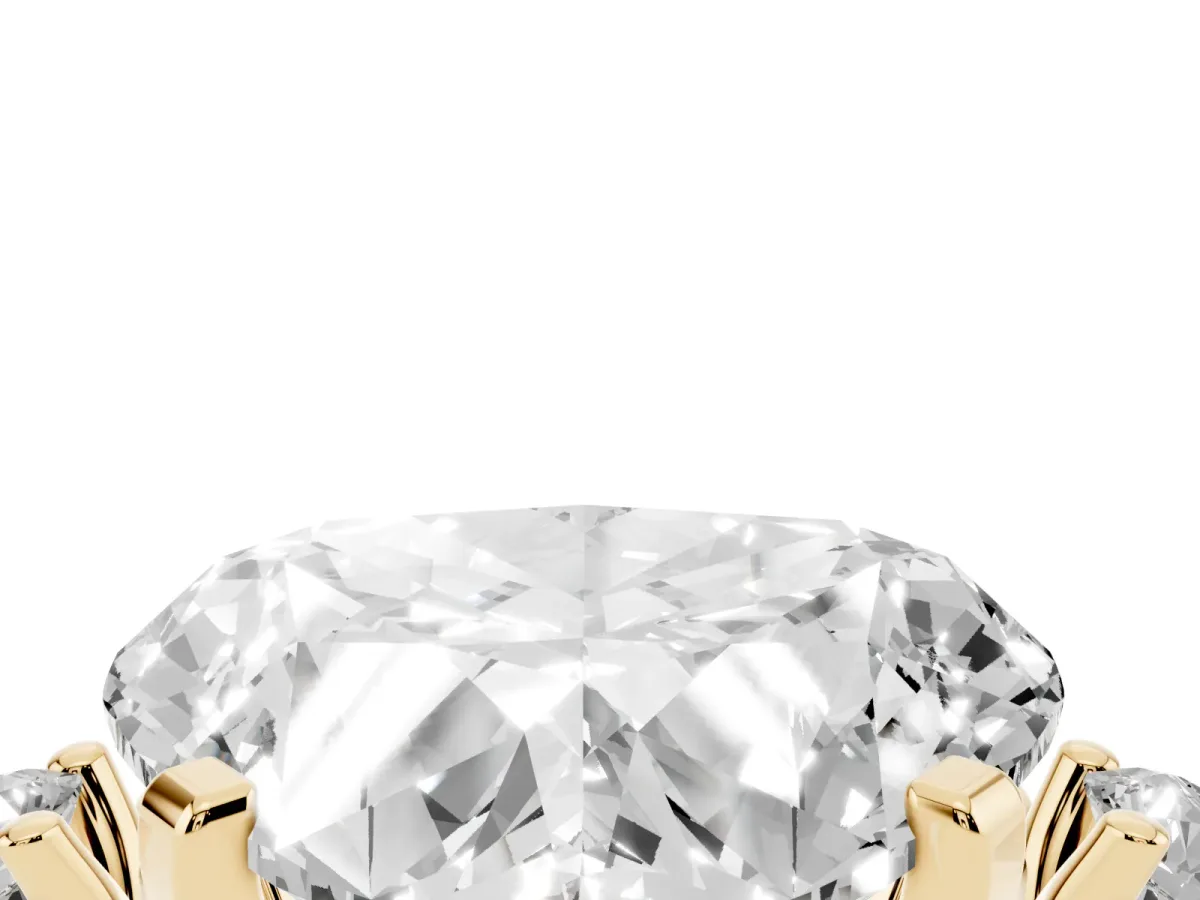 Heart Cut Cut Three-Stone Solitaire Ring with Round Accent Diamonds and Four-Prong Setting Yellow gold