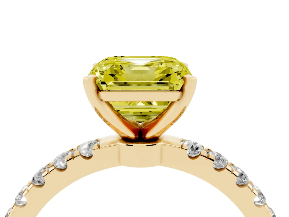 Fancy Yellow Asscher Cut Diamond Solitaire Ring with Pavé Accents and Four-Prong Setting Yellow gold