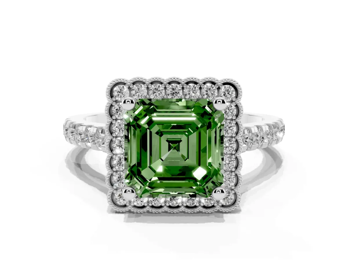 Fancy Green Asscher Cut Cut Diamond Milgrain Floral Halo Engagement Ring with Pavé Band Silver