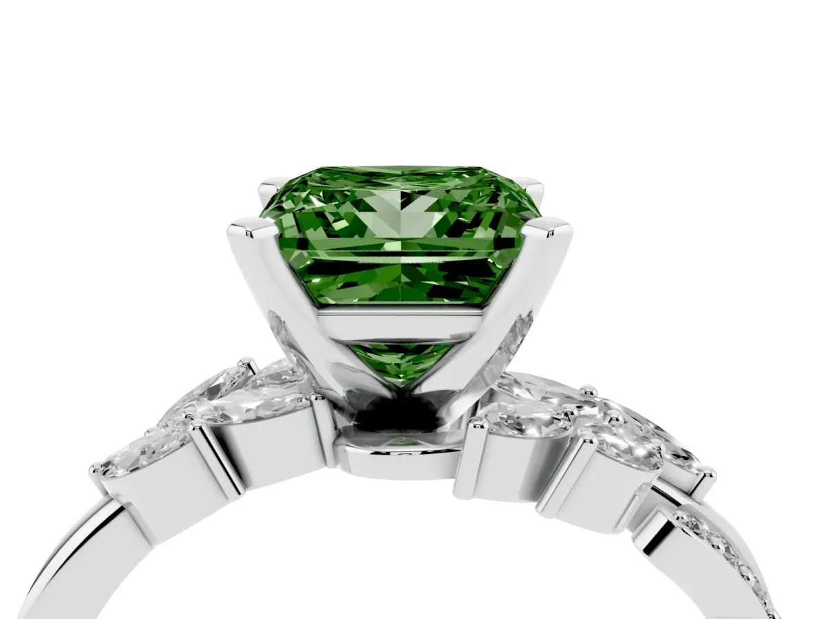 Fancy Green Princess Cut Solitaire Marquise Twist Band with Six-Prong Setting Silver