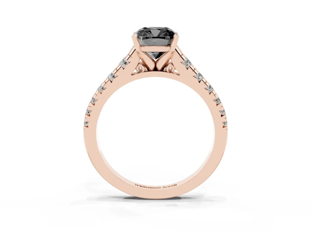 Fancy Black Cushion Cut Diamond Cathedral Solitaire Ring with Round Pavé Band Rose gold