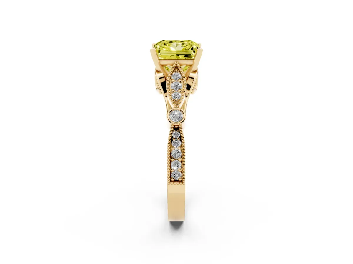 Fancy Yellow Princess Cut Cut Diamond with Milgrain Marquise and Bezel Accents on a Solitaire Band with Prong Setting Yellow gold