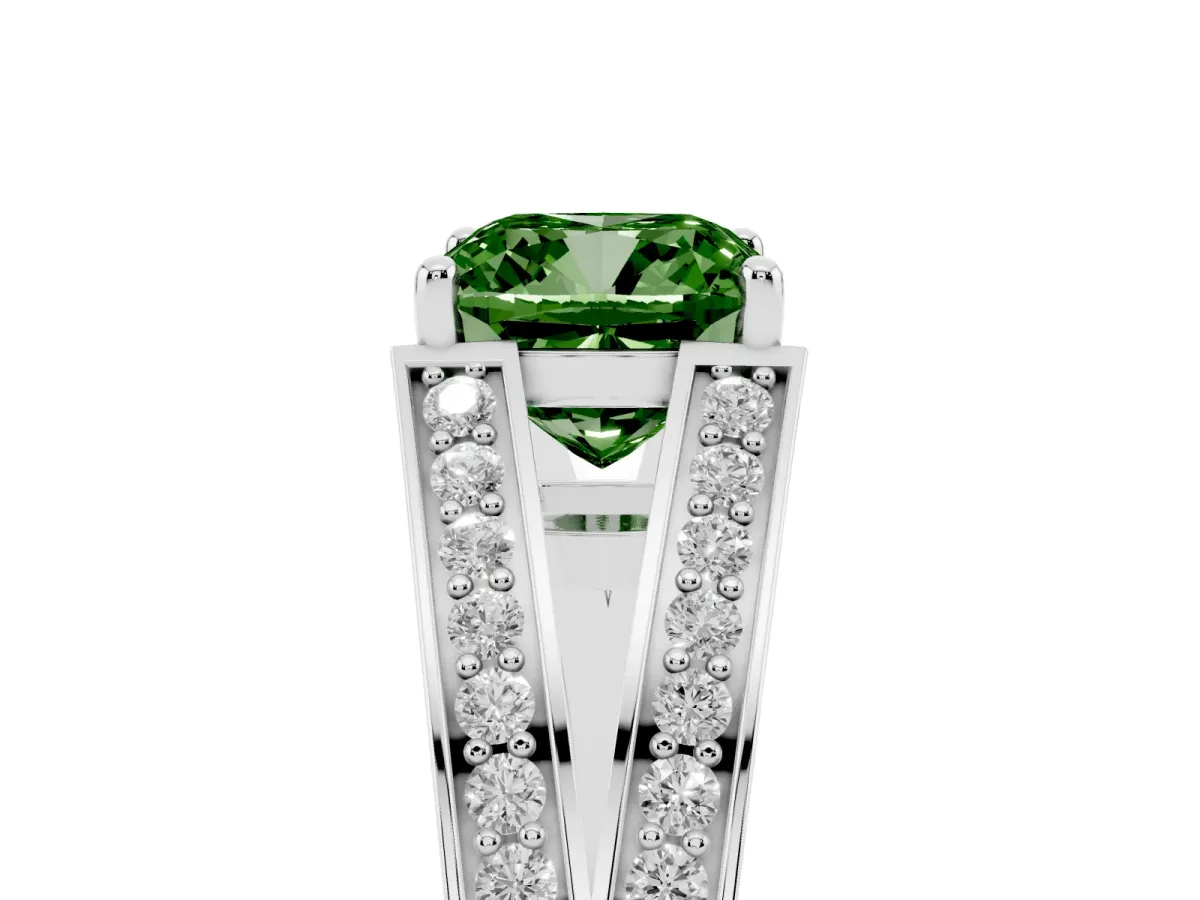 Fancy Green Cushion Cut Diamond Split Shank Ring with Pavé Band and Four-Prong Setting Silver