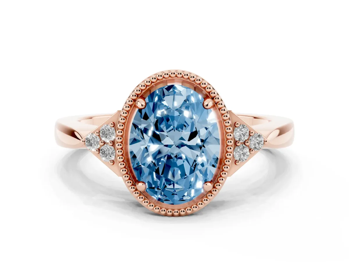 Fancy Blue Hexagonal Halo Oval Cut Diamond Solitaire with Pavé Band and Four-Prong Setting Rose gold
