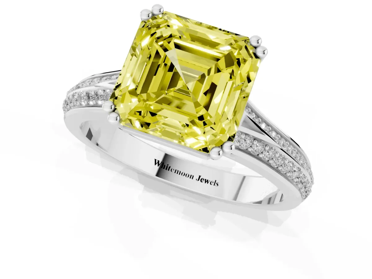 Fancy Yellow Asscher Cut Diamond Split Shank Engagement Ring with Pavé Band Silver