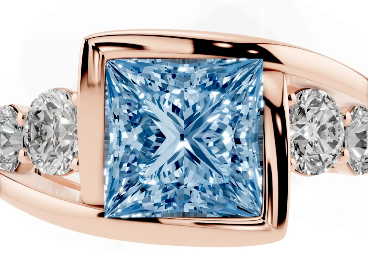 Fancy Blue Bezel Set Princess Cut Diamond Bypass Ring with Round Accents Rose gold