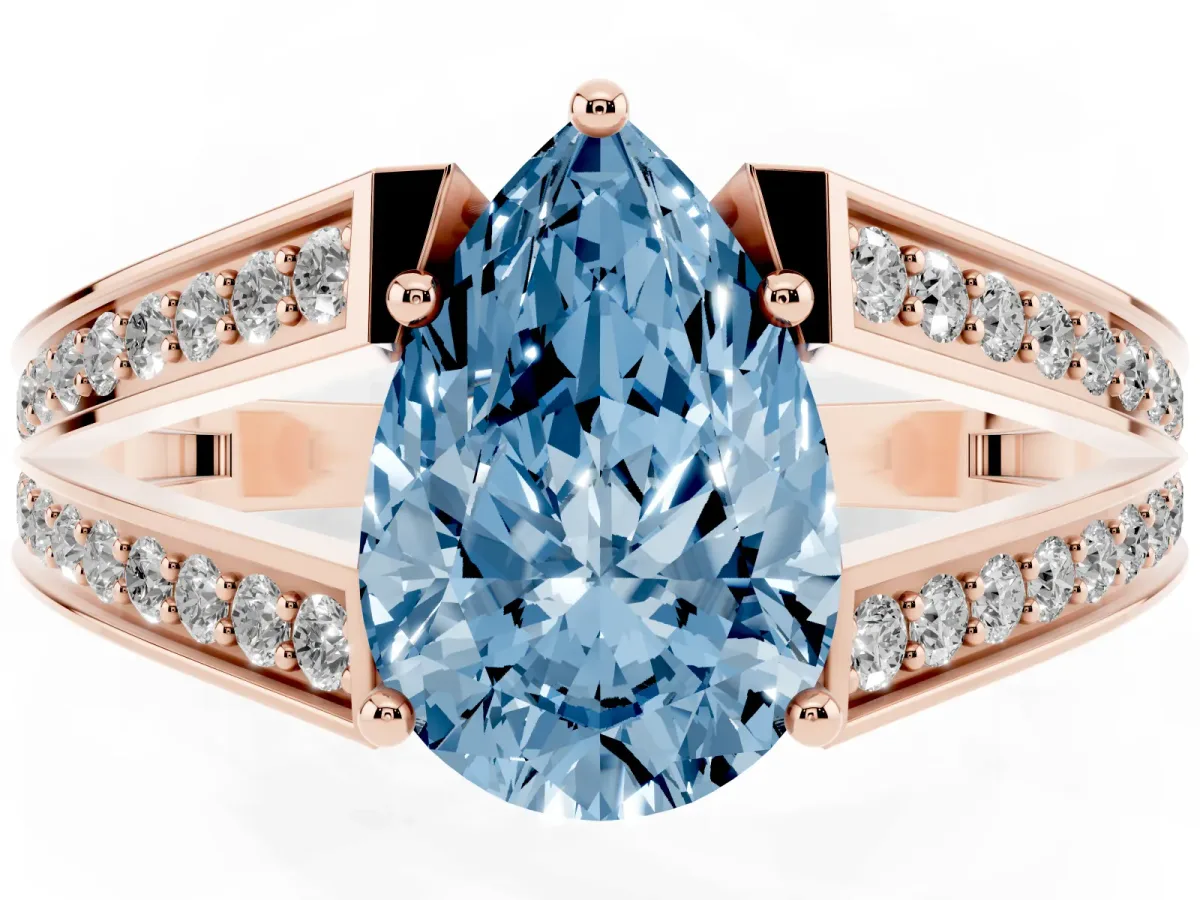 Fancy Blue Pear Cut Diamond Split Shank Ring with Pavé Band and Four-Prong Setting Rose gold