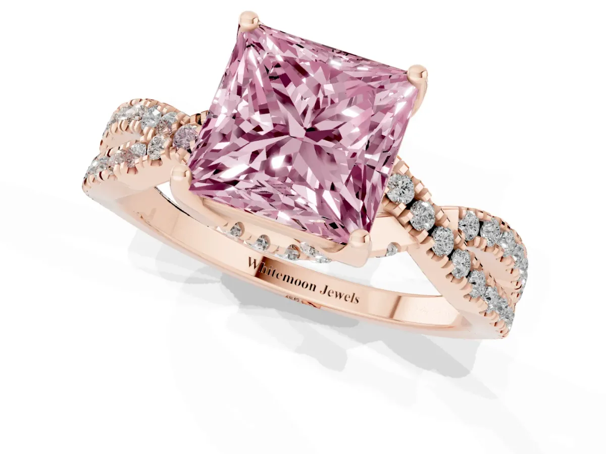 Fancy Pink Princess Cut Solitaire Twist Pave Diamond Engagement Ring with Prong Setting Rose gold